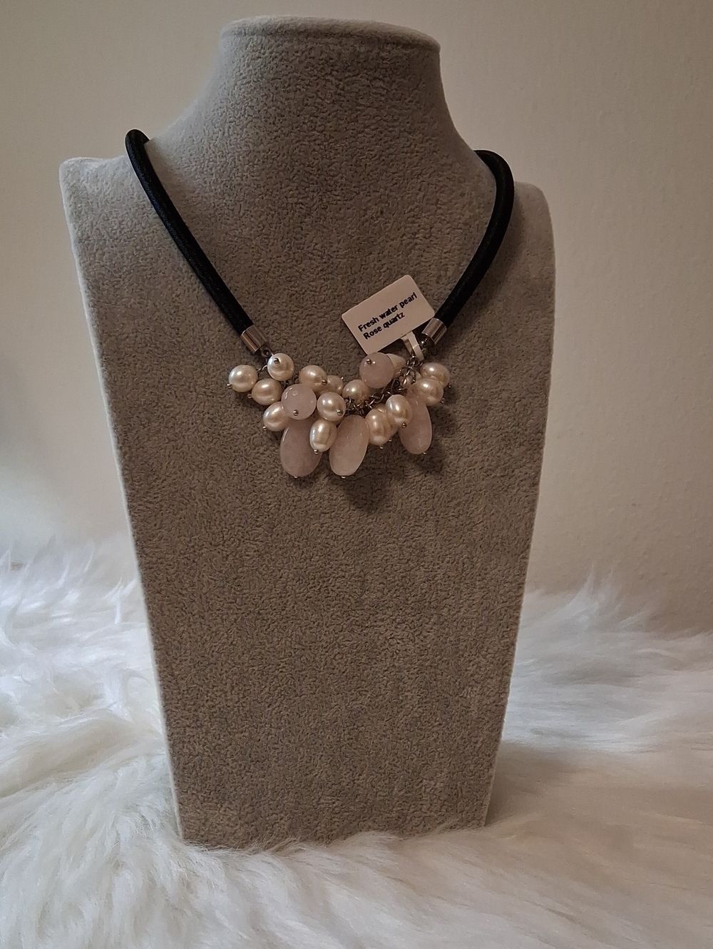 Pearl and Rose Quartz Cluster Necklace with Black Cord